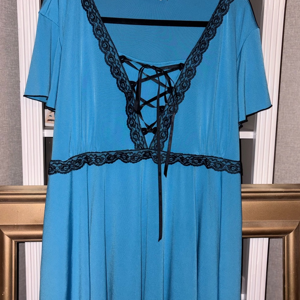 Dare to Wear brand -Blue Lace-Trim V-Neck Dress with Lace-Up Front